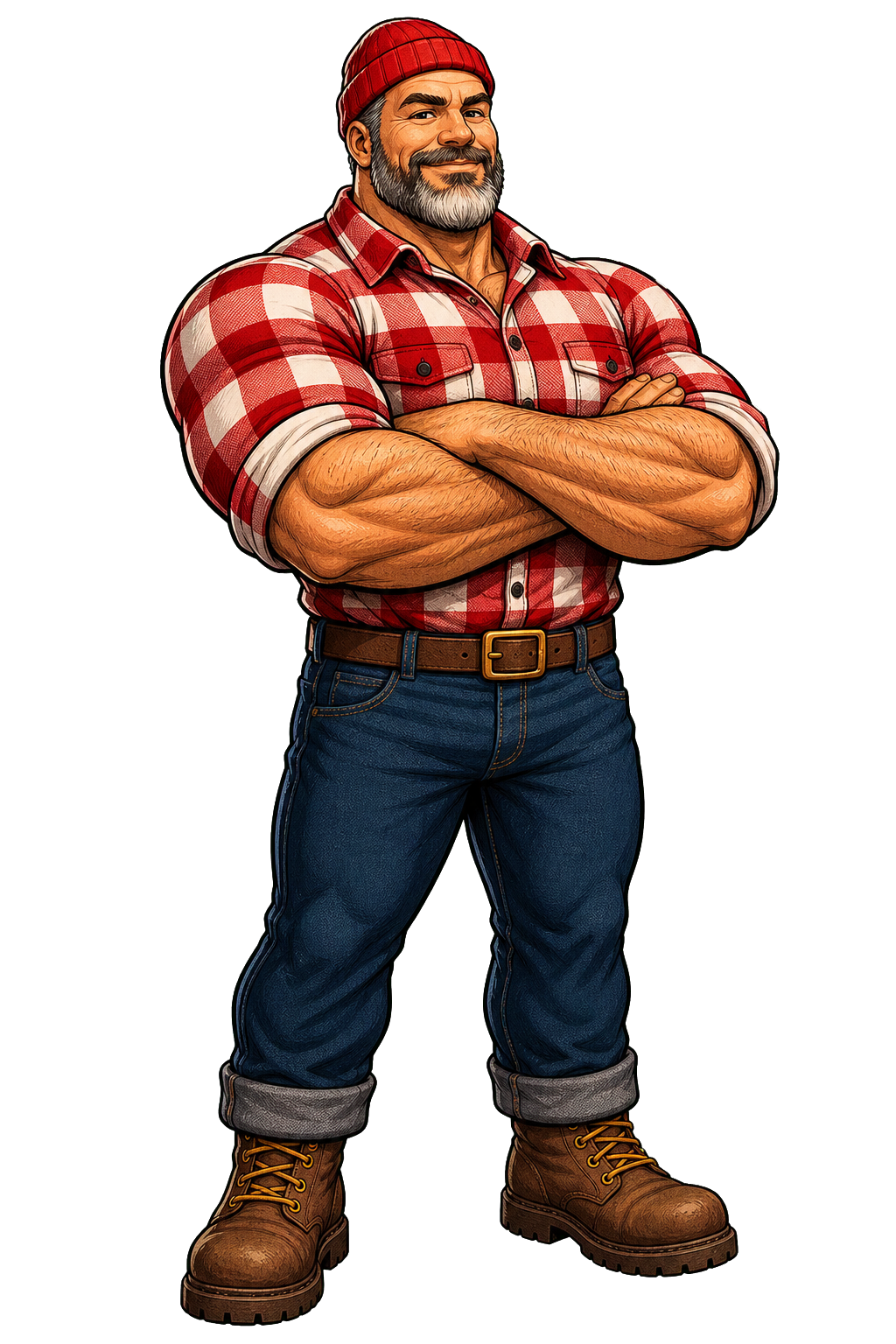 Q as a muscular 45-year-old lumberjack in a red-and-white plaid shirt